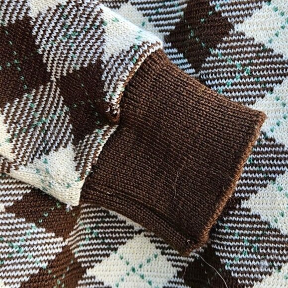 1970s Japan Knit Cardigan XS Argyle Brown Cream V-Neck Button Front - Picture 9 of 12
